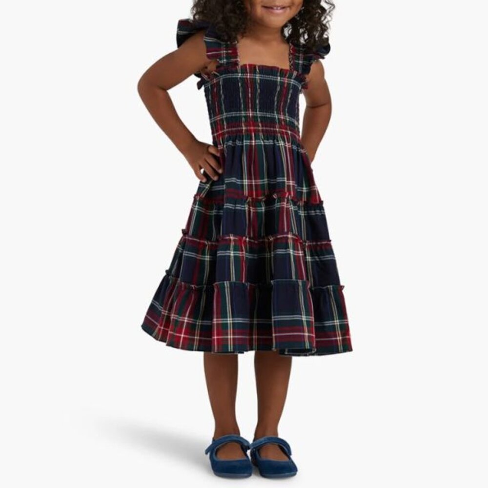 Hill House Girls 7/8Y Navy Blue Tartan Plaid Tiny Ellie Nap Dress Smocked Cotton